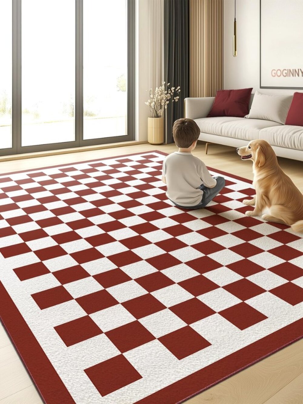Washable 5x7 Checkered Area Rug for Living Room, Dark Red Checkerboard Modern